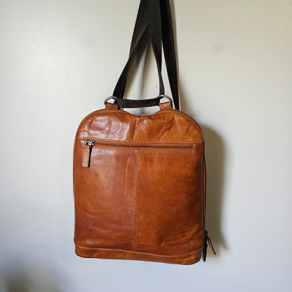 EUC JACK GEORGES VOYAGER GENUINE LEATHER BROWN ADJUSTABLE BACKPACK CROSSBODY